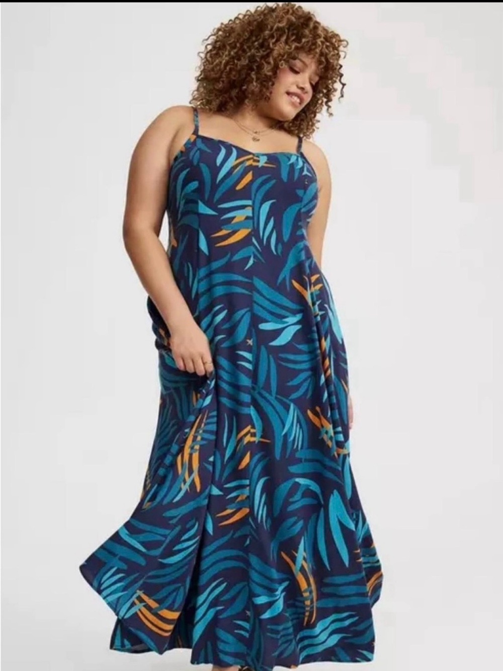 Torrid NWT Navy Maxi Dress with Teal Leaf Print & Orange Accents